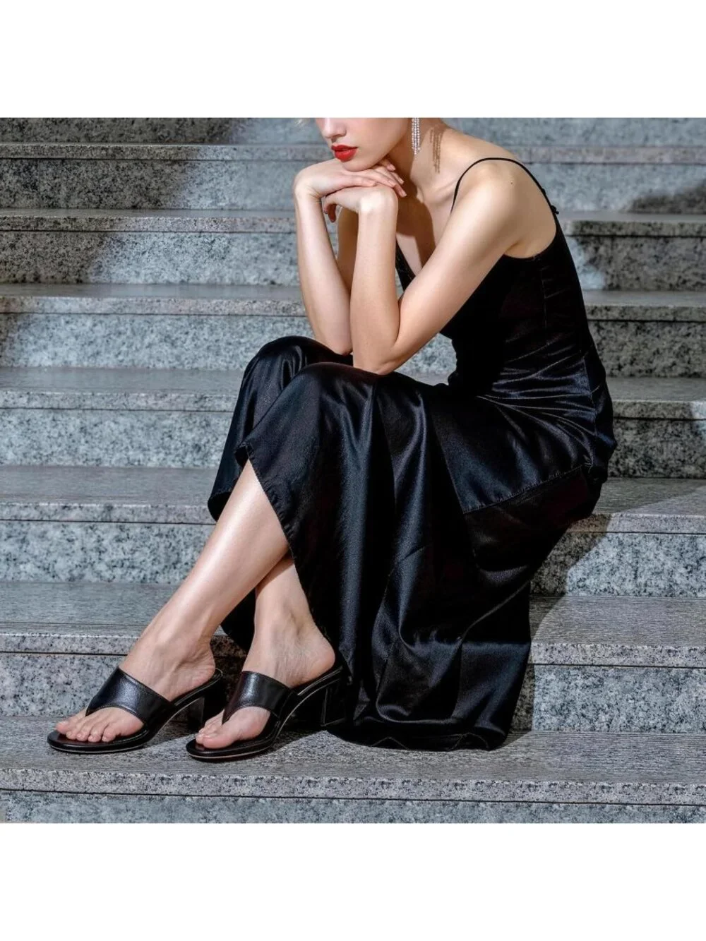 Women's Black Faux Leather Summer Comfortable Square Open Toe Thong Low Heels